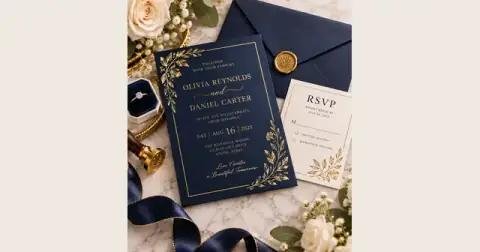 Illustrative invitation cards with decorative borders and paper finishes.