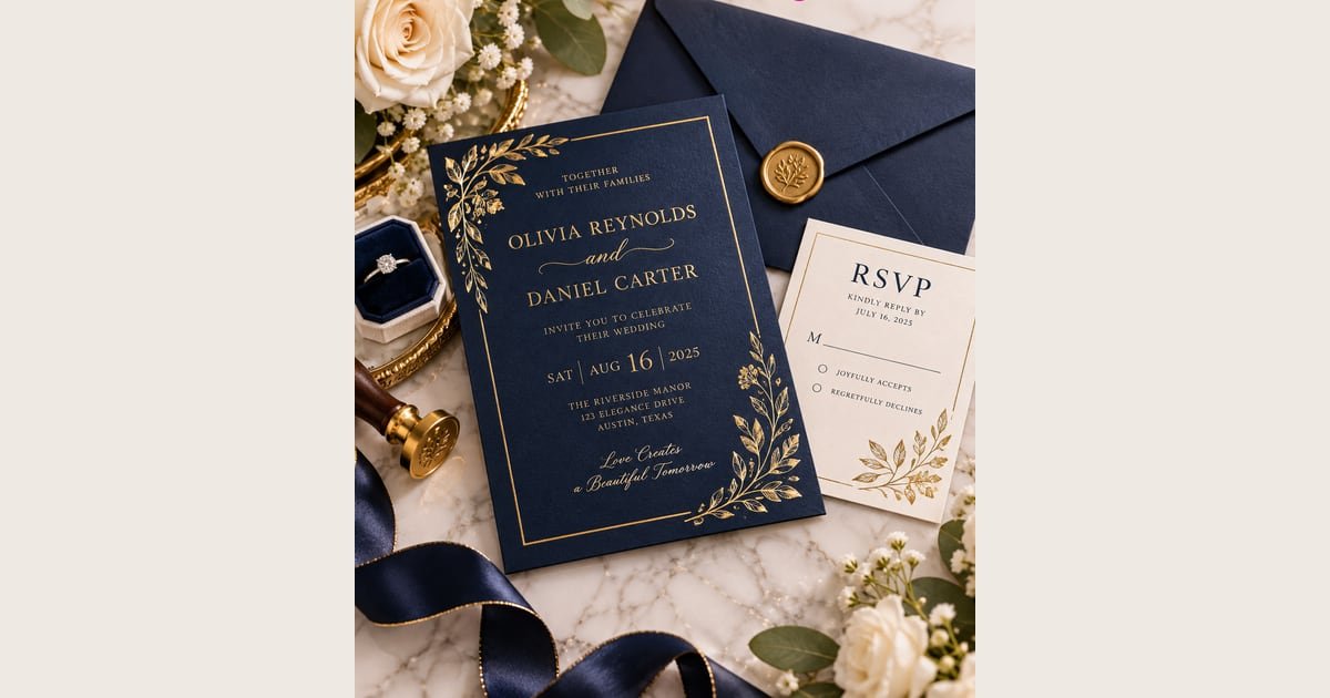 Illustrative invitation cards with decorative borders and paper finishes.