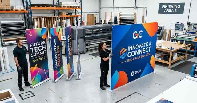 Commercial event display stands including pull-up roller banners and a tension fabric exhibition backdrop.