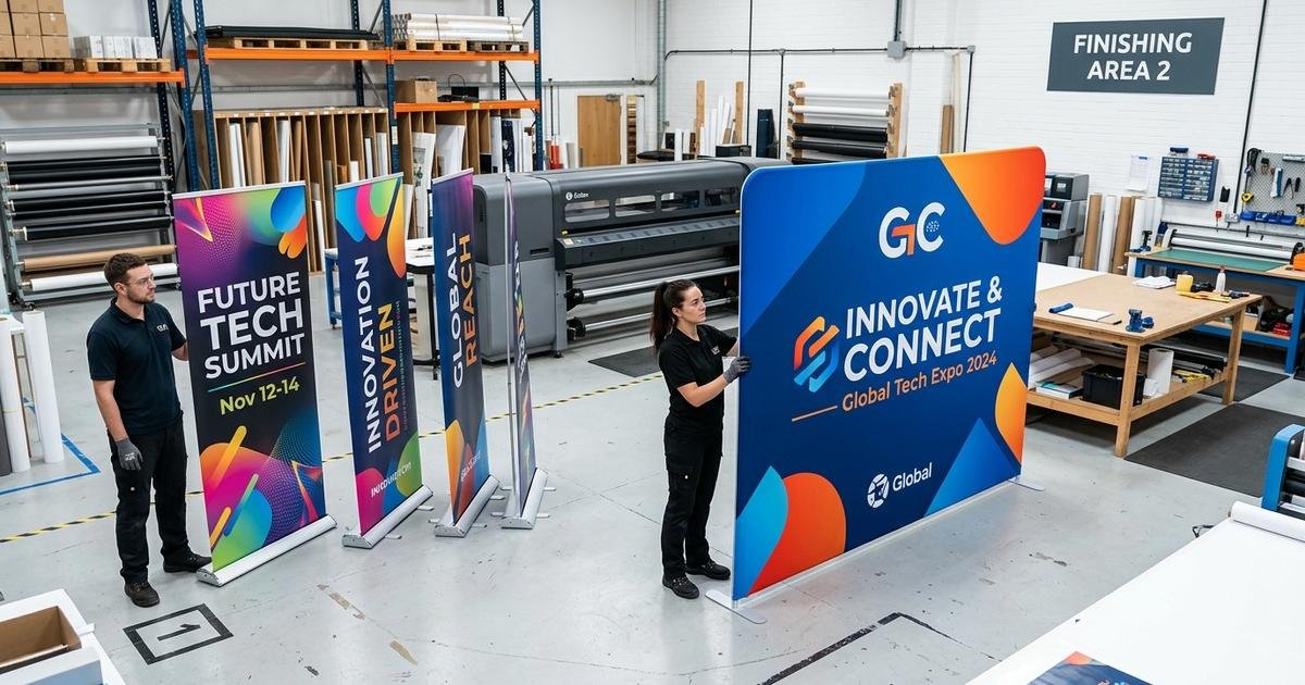 Commercial event display stands including pull-up roller banners and a tension fabric exhibition backdrop.