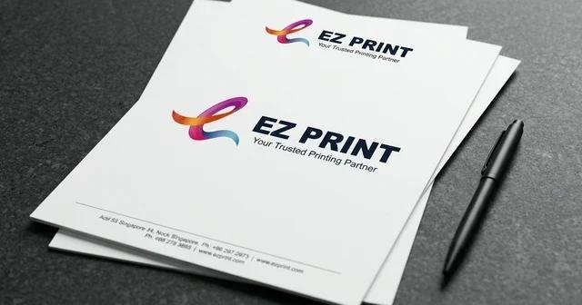 Corporate stationery suite including printed letterhead and envelopes with the EZ Print logo.