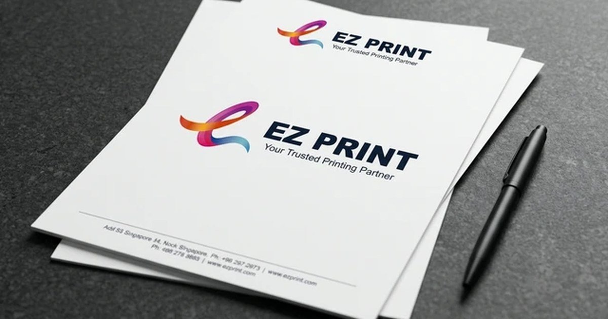 Corporate stationery suite including printed letterhead and envelopes with the EZ Print logo.