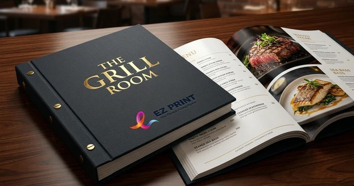 An open hospitality restaurant menu book with printed interior pages.