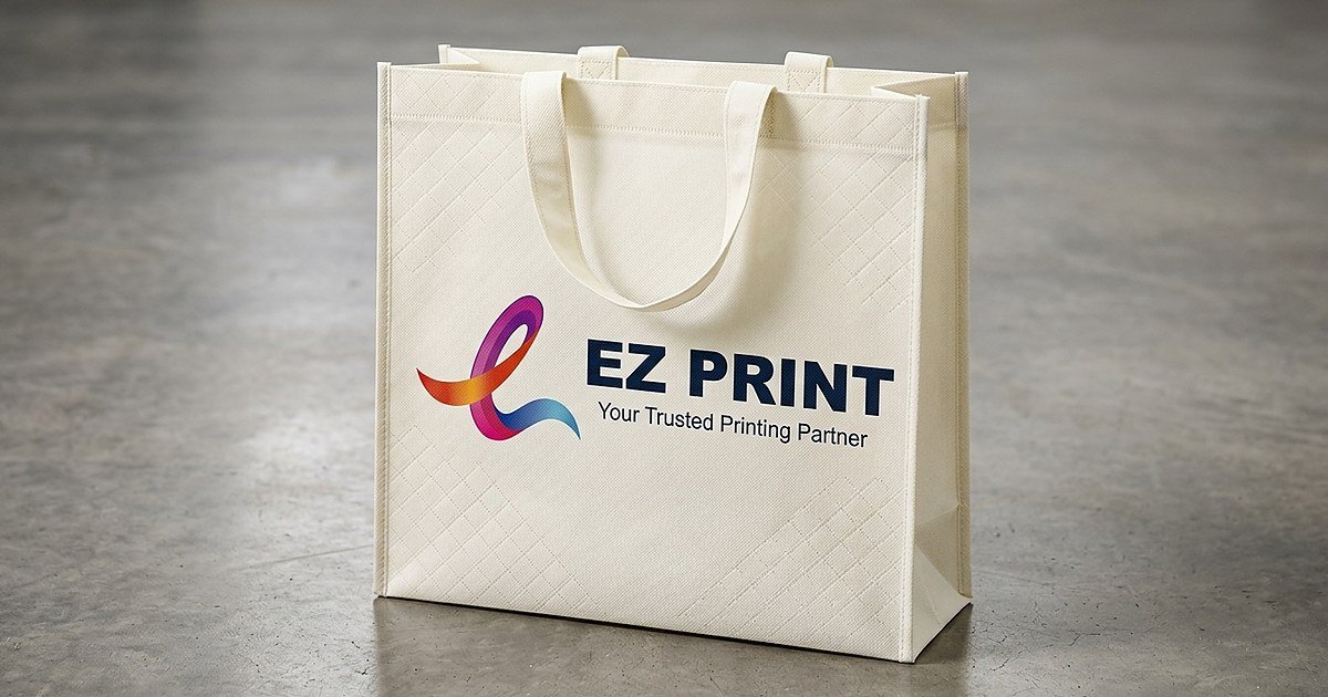 Photograph of a teal non-woven tote bag with matching fabric handles and a plain front print panel, standing on a table.