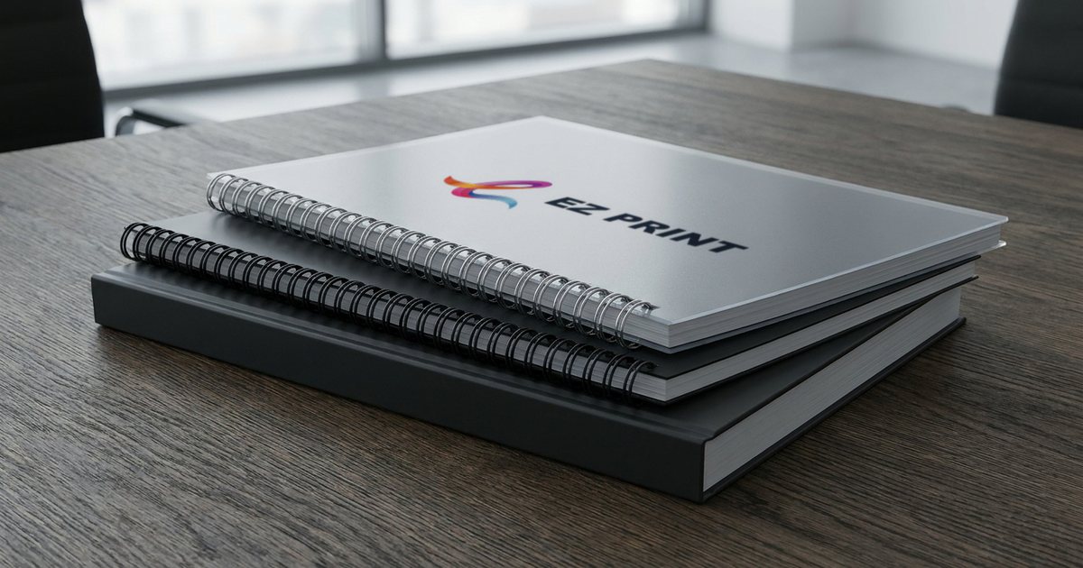 Stack of wire-bound and hardcover documents on a desk, the top cover printed with the EZ Print logo.