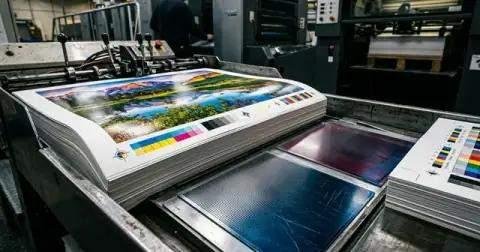 Commercial printing press delivery tray showing CMYK registration marks and ink density bars on fresh press sheets.