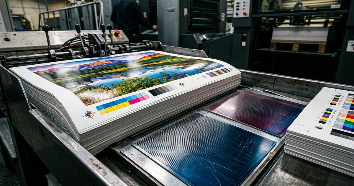 Commercial printing press delivery tray showing CMYK registration marks and ink density bars on fresh press sheets.