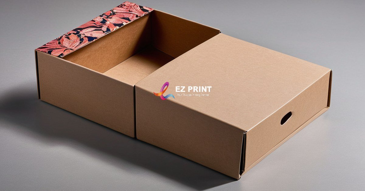 A printed packaging paper sleeve sliding onto a product box with the EZ Print logo.