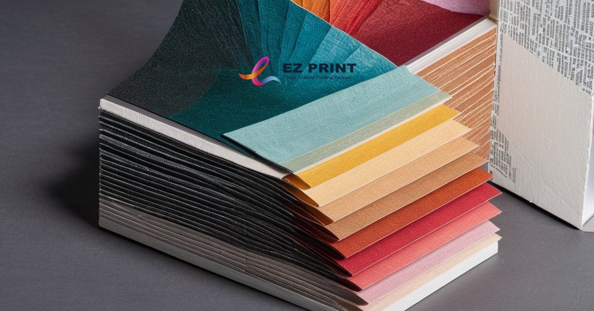 A fanned-out paper stock swatch book comparing paper weights and finishes.