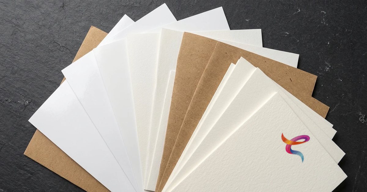 Fanned sheets of coated, uncoated, textured and kraft paper, the front sheet printed with the EZ Print ribbon mark.