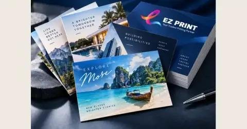 Illustrative postcard fronts and backs arranged on a light surface.