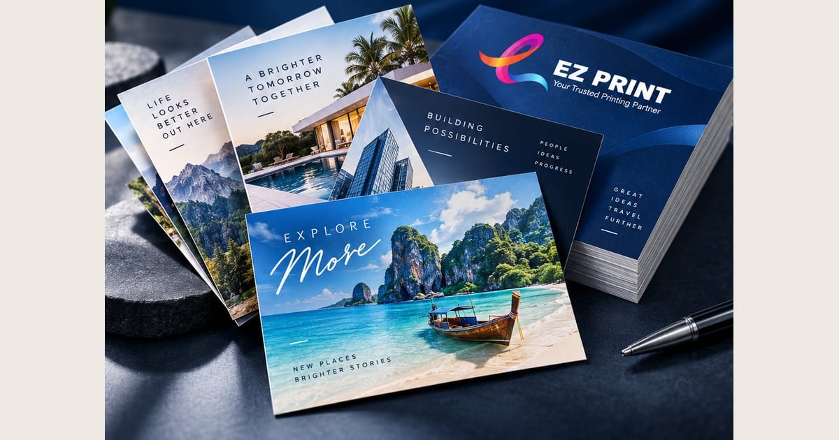 Illustrative postcard fronts and backs arranged on a light surface.