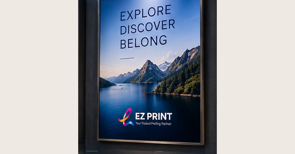 Illustrative framed poster with mountain artwork. Topic example for poster printing; exact options are confirmed by enquiry.