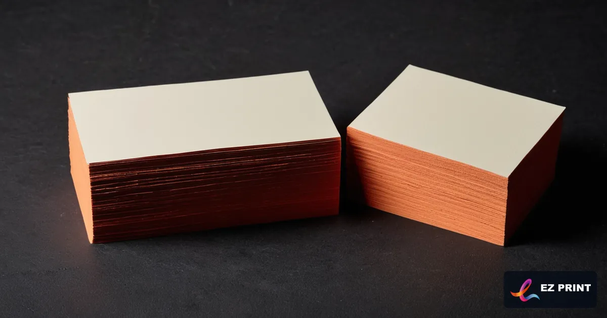 Photograph of a stack of thick blank duplex business cards with a coloured core showing along the edges.