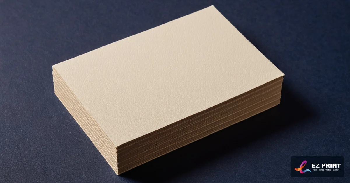 Photograph of a stack of thick blank cream business cards.