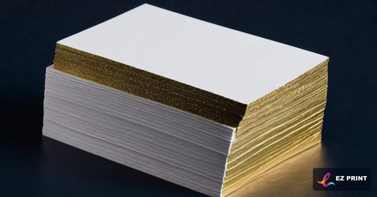 Photograph of a stack of thick blank business cards with gold painted edges.