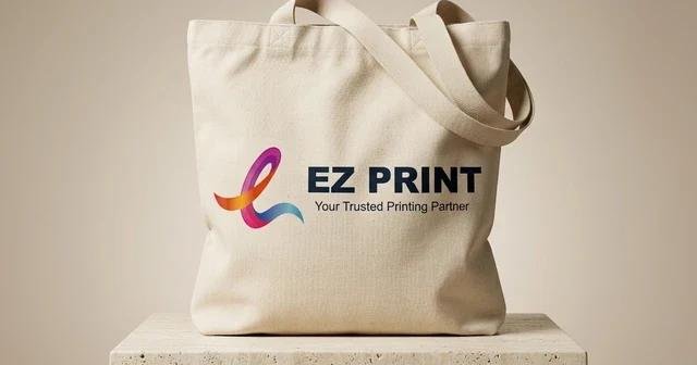 A natural cotton canvas tote bag with printed branding.