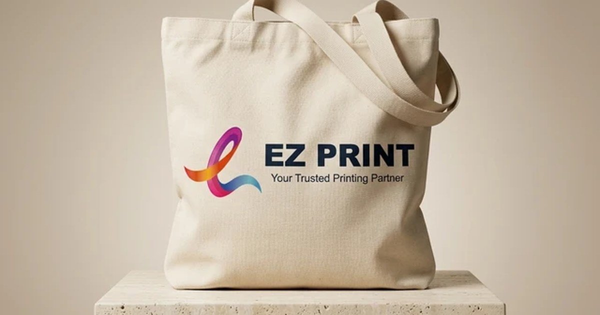 A natural cotton canvas tote bag with printed branding.