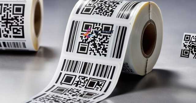 Printed adhesive product labels displaying a scannable QR code and barcode.