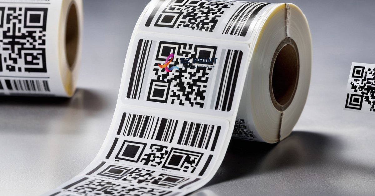 Printed adhesive product labels displaying a scannable QR code and barcode.