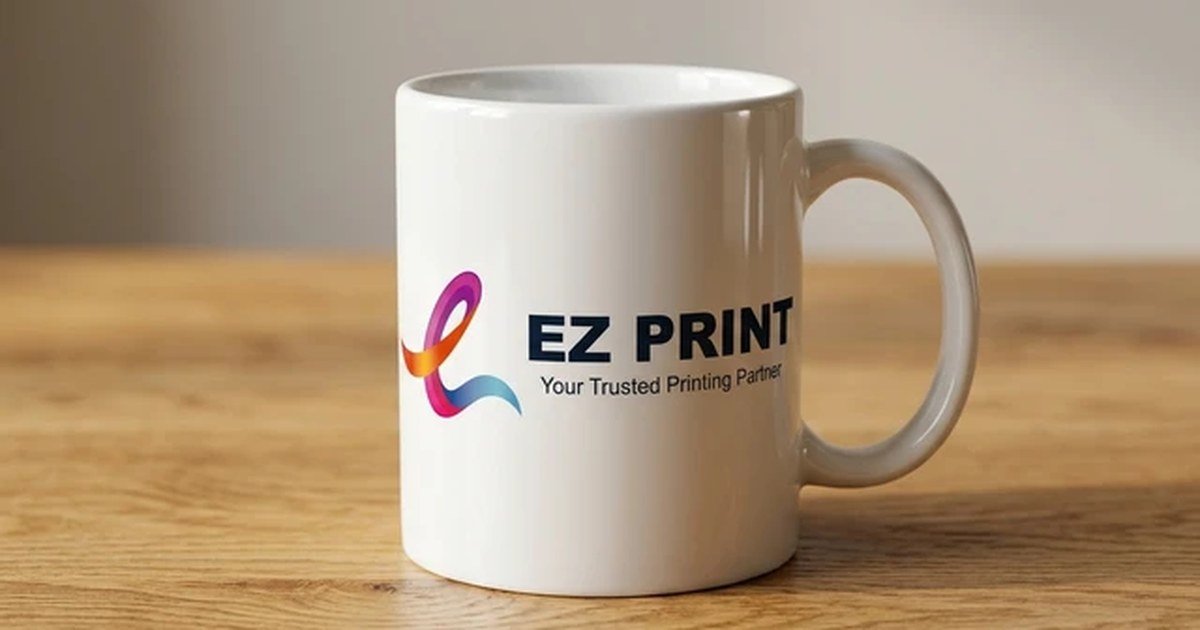 A ceramic promotional mug with printed corporate wrap branding.