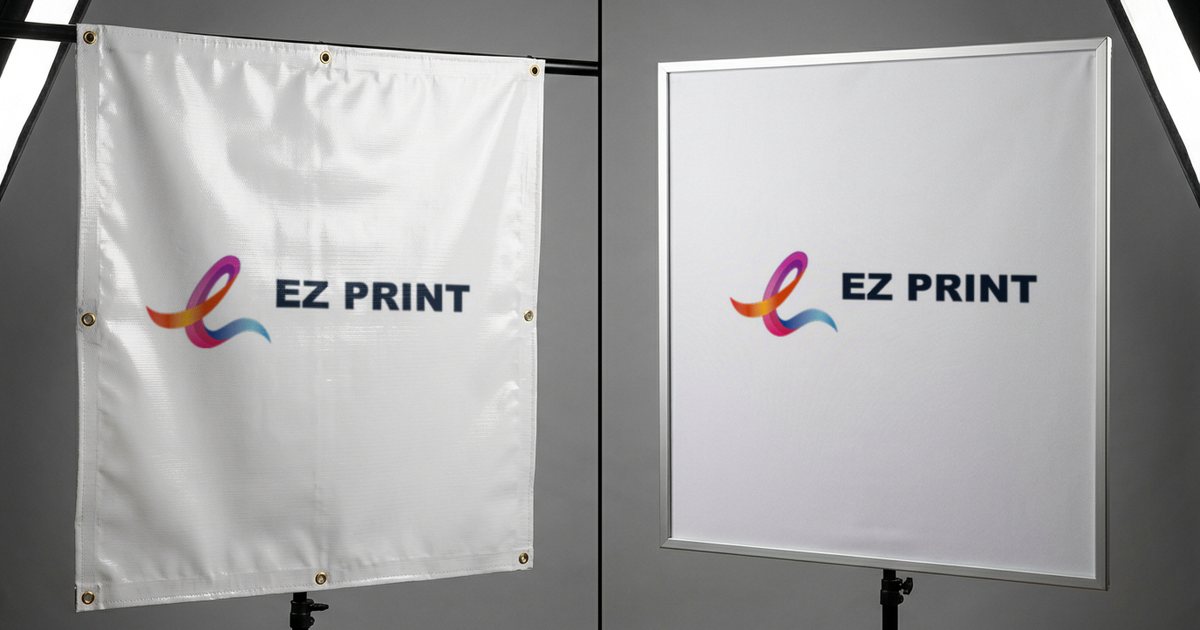 A PVC banner with eyelets and a tensioned fabric banner in a frame, both printed with the EZ Print logo.