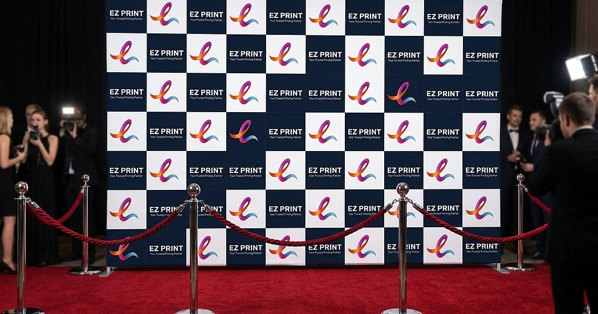 Photograph of three blank framed fabric display panels and a banner stand under spotlights in an empty convention foyer.