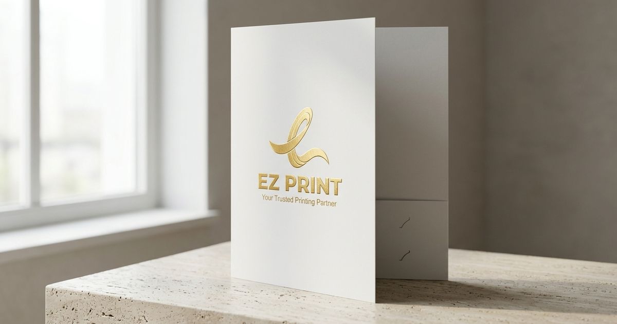 Photograph of a bi-fold card cover with gold foil EZ Print branding standing on a stone counter.