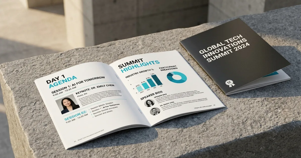Printed commercial sample of saddle-stitched digital event program booklets open to center wire staple spine.