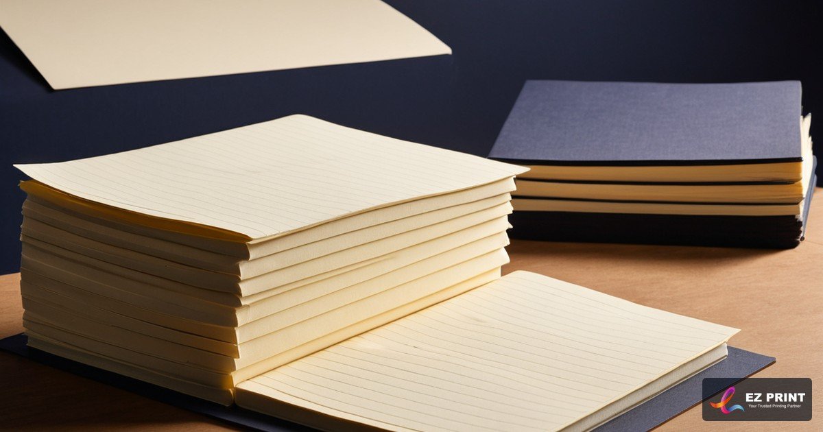 Illustration of stacks of lined cream pages beside a dark-covered stack.
