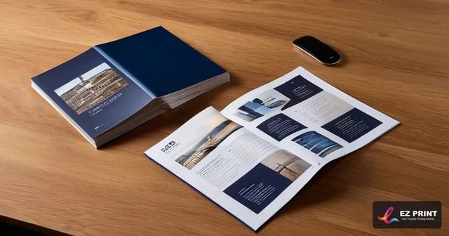 Finished stack of premium tri-fold marketing brochures with crisp folded edges arranged on commercial press table.