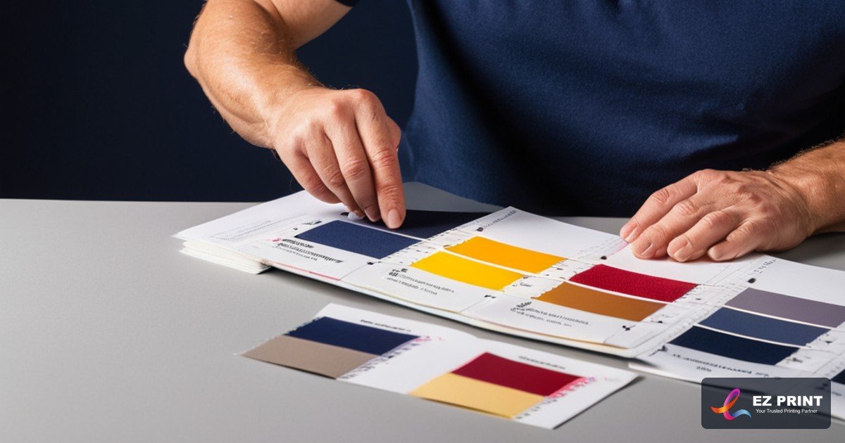 Press operator inspecting folded brochure spine under color-calibrated overhead lighting