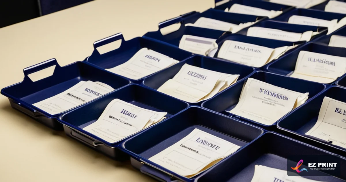 Illustration of organized delegate badge registration trays sorted alphabetically ready for urgent morning conference check-in.
