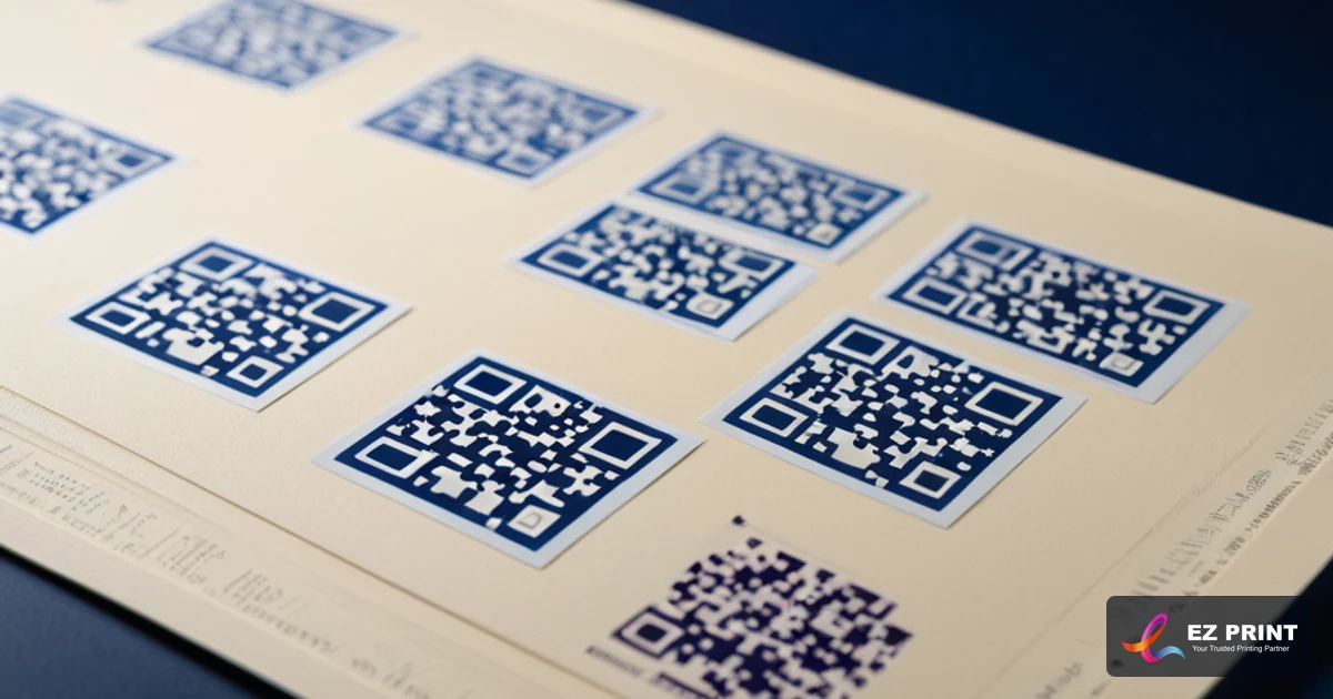 Illustration of digital press printing personalized QR codes, delegate names, and company titles on perforated synthetic sheets.