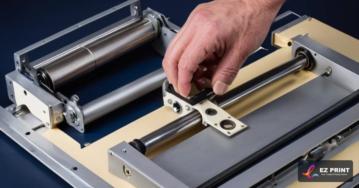 Illustration of spring-tension roller mechanism inside an aluminium cassette being assembled with industrial double-sided banner tape.