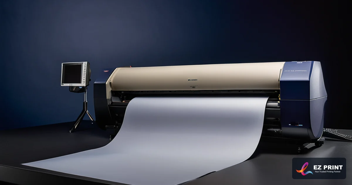 Illustration of wide-format digital inkjet press feeding grey-back anti-curl synthetic film with high-density pigment inks.