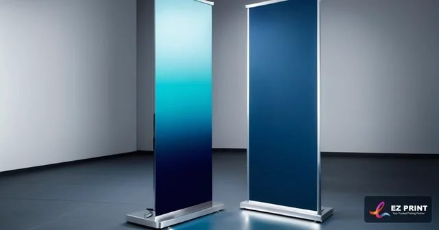 Heavy-base teardrop aluminium roll-up banner stand deployed in convention foyer displaying crisp event branding.