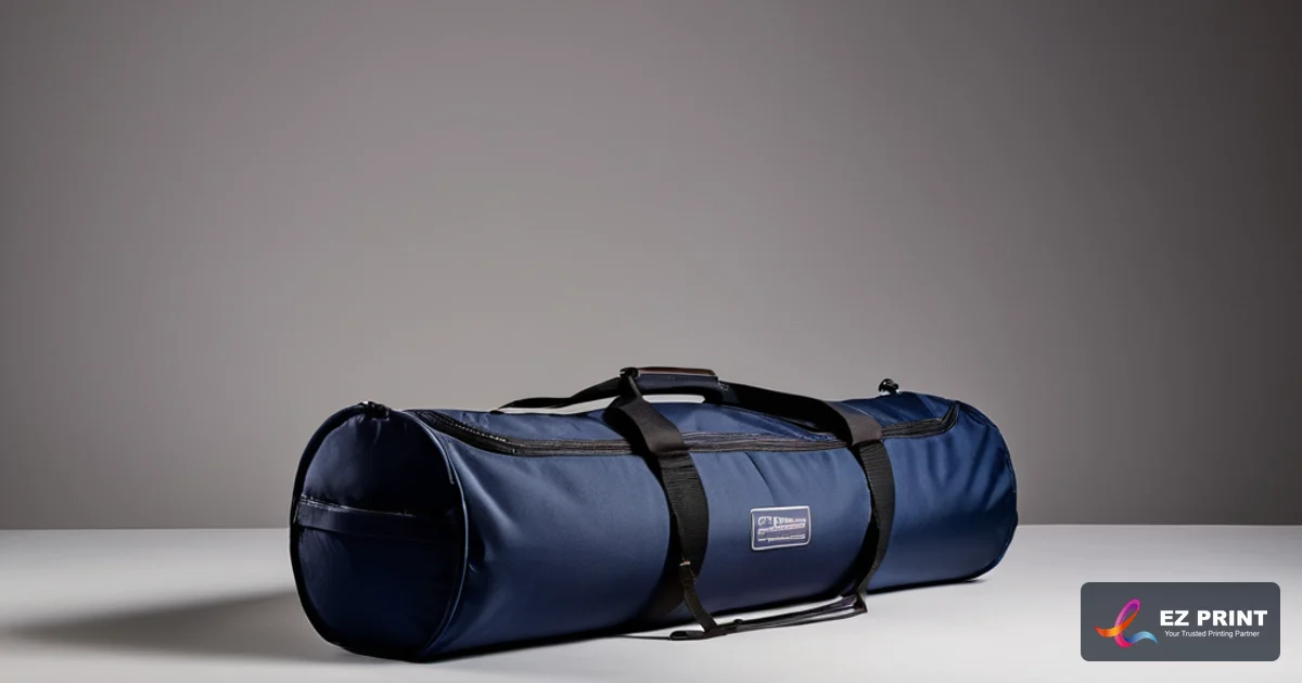 Assembled teardrop pull-up banner stand packed securely into reinforced padded carry case for transit.