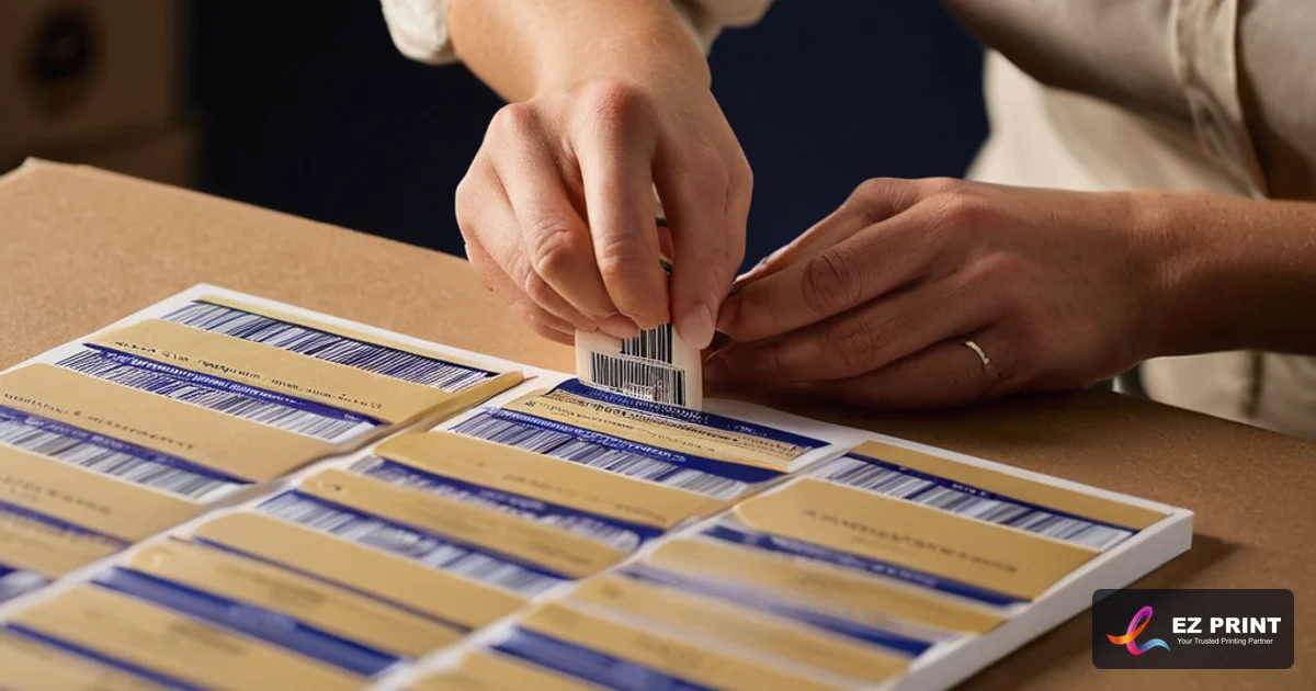 Illustration of worker applying correction barcode stickers onto product box packaging in a warehouse setting.