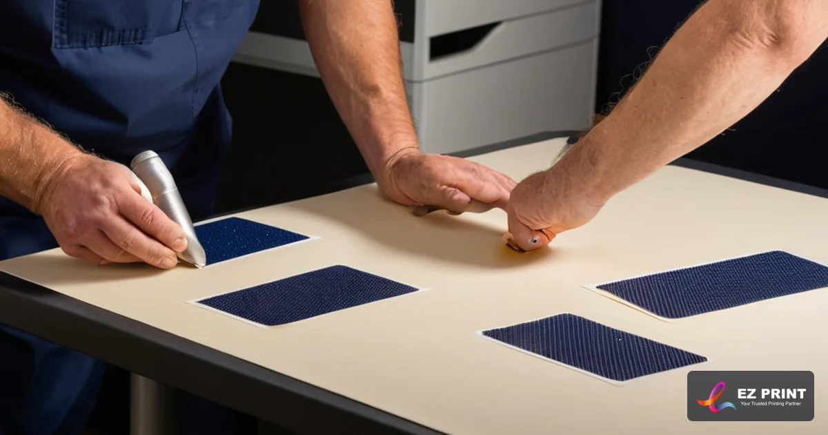 Illustration of technician peeling back matrix waste from kiss-cut synthetic sticker sheets under inspection lighting.