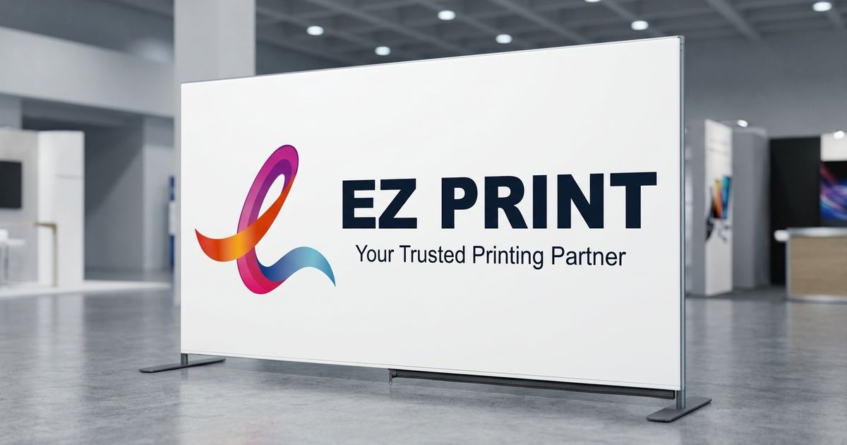 Photograph of a freestanding tension fabric exhibition backdrop stand with the EZ Print logo in a convention hall.