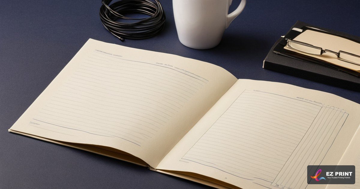 Illustration of an open booklet with ruled note lines beside a mug and glasses.