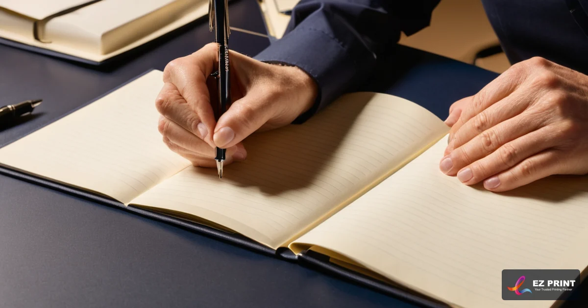 Illustration of hands writing notes in an open lined booklet on a desk.