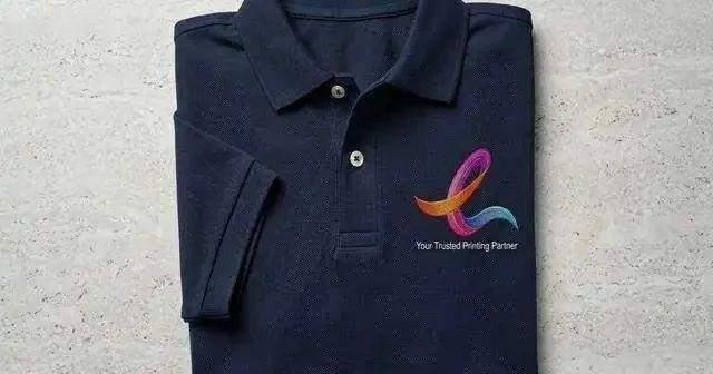Folded corporate apparel polo shirts with embroidered branding.