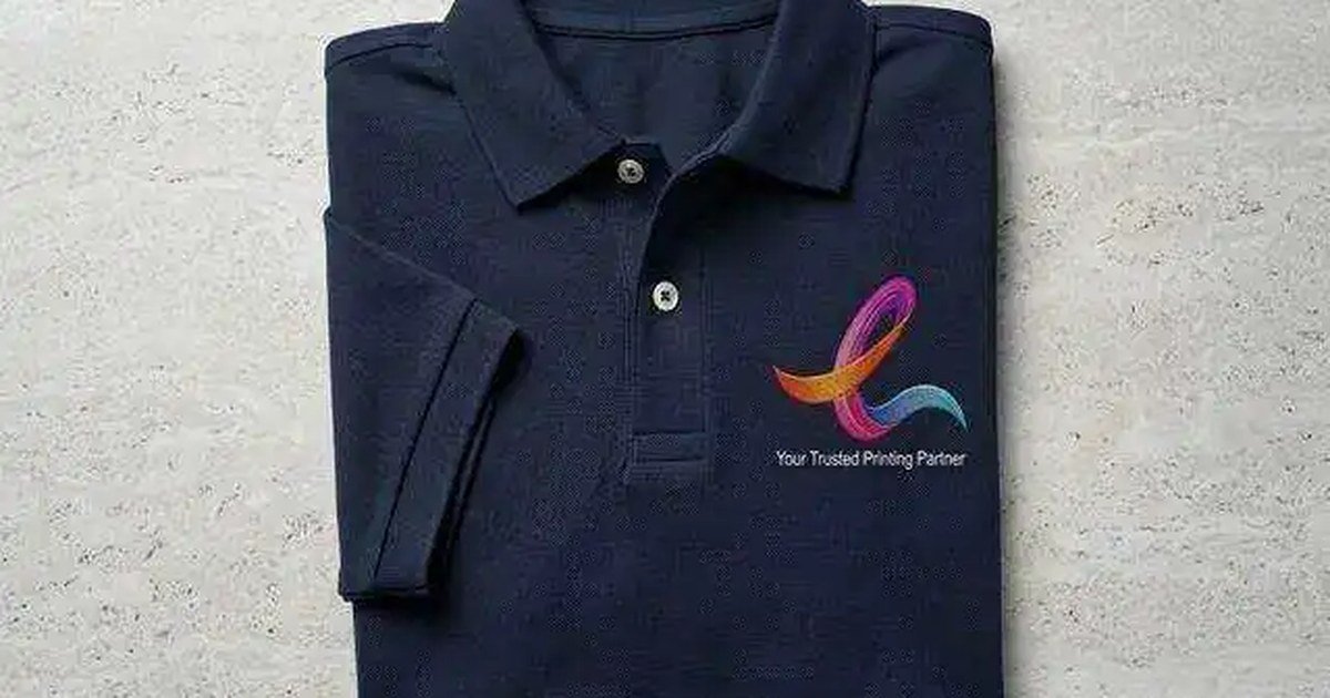 Folded corporate apparel polo shirts with embroidered branding.