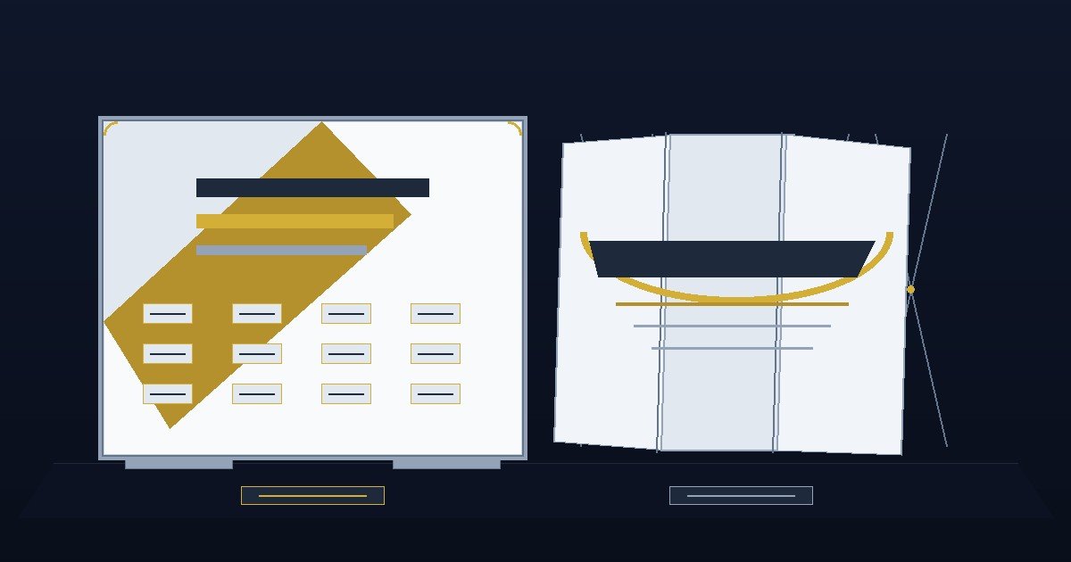 Illustration comparing two portable exhibition displays: a straight seamless tension fabric backdrop in an aluminium frame beside a curved magnetic pop-up lattice stand with vertical panels.