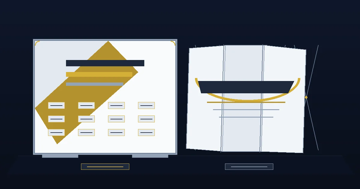 Illustration comparing two portable exhibition displays: a straight seamless tension fabric backdrop in an aluminium frame beside a curved magnetic pop-up lattice stand with vertical panels.