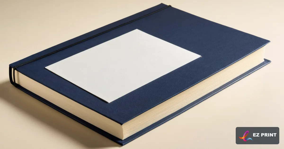 Photograph of a thick book with a plain navy cover and a blank cream panel on a cream desk.