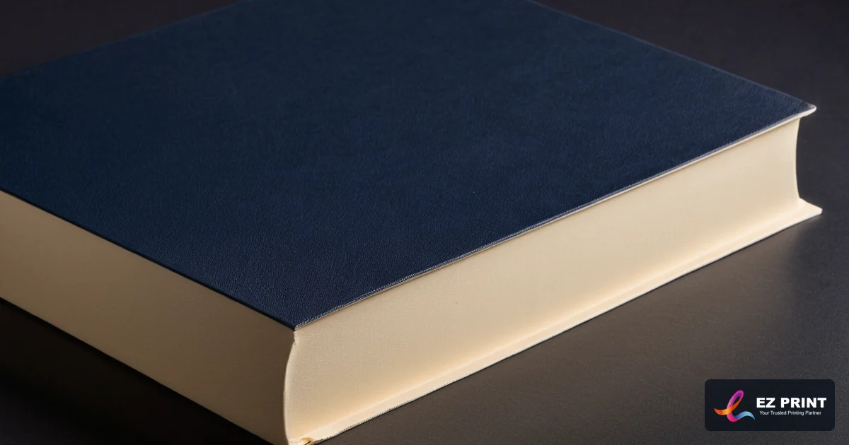 Photograph of a thick book with a plain navy cover and a square spine.
