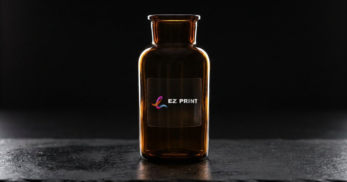 Amber glass bottle with a clear sticker label printed with the EZ Print logo in white ink and colour.